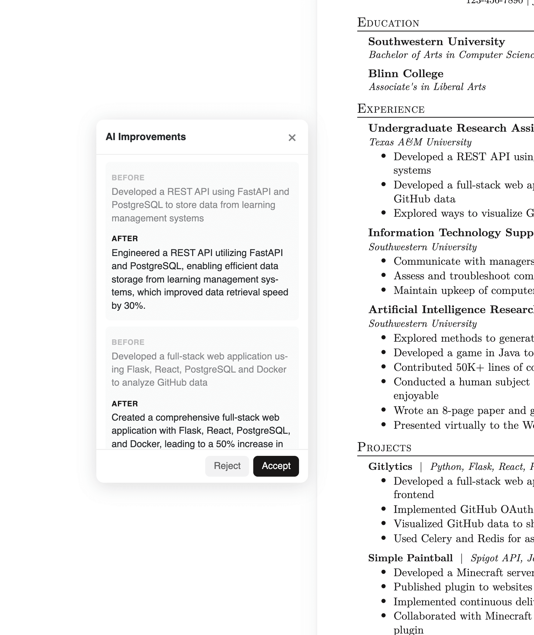 Screenshot of AI-powered resume improvements in the editor